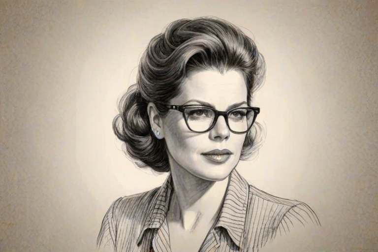Graceful Marcia Gay Harden, pencil sketch, portrait of Comely woman 1942s in glasses, hair style beatnik, outline, clear lines, fine lines, 8k