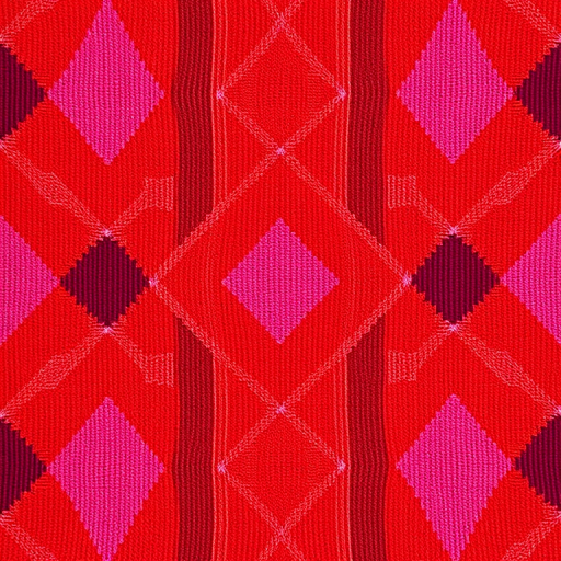 Create a vibrant argyle pattern featuring shades of red, brown, pink, and purple with a high-contrast background, captured with a Canon EOS R5, 50mm lens, f/2.8 aperture, 1/125s shutter speed, in soft natural lighting to enhance colors and detail.