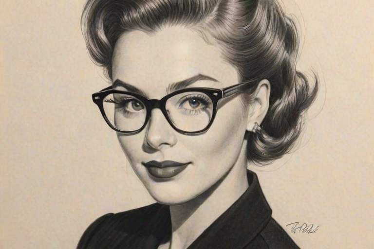 Radiant Amanda Fuller, pencil sketch, portrait of Dazzling woman 1950s in glasses, hair style beatnik, outline, clear lines, fine lines, 8k