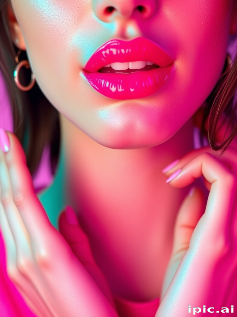 Playful neon pink lips with a high-shine finish, embodying youthful energy and exuberance, perfect for fun and vibrant makeup looks