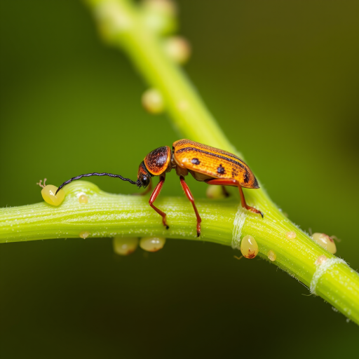 close-up of a beetle on a green stem with aphids, macro lens, f/8 aperture, 1/100s shutter speed, ISO 200, natural light, DSLR camera, shallow depth of field