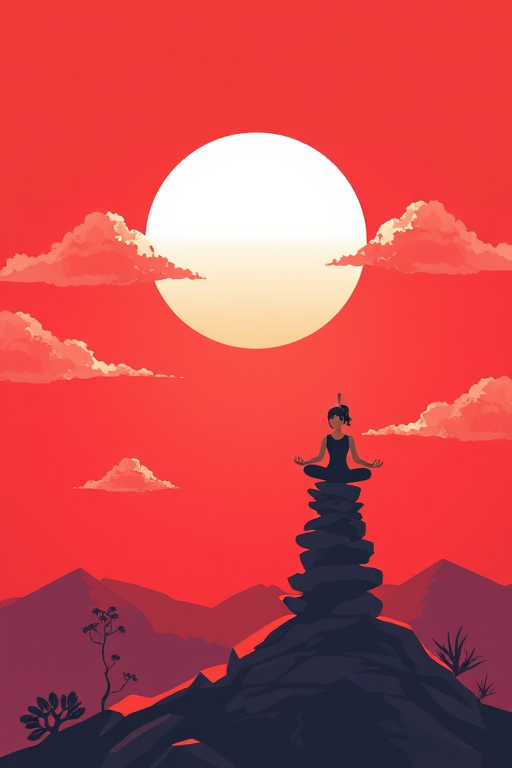 Create an illustration of a person practicing yoga with a stone stack on a mountain, against a red sky with a large sun and fluffy clouds, using a DSLR camera with a 50mm lens, f/1.8 aperture, 1/200s shutter speed, and ISO 100 for clarity and vibrant colors.