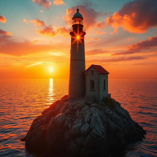 Generate an image of a tall lighthouse perched on a rocky outcrop surrounded by calm ocean waters during a breathtaking sunset. The lighthouse stands sturdy and weathered, its stone surface illuminated by the warm golden light of the setting sun. The sun's rays pass directly through the glass lantern room at the top of the lighthouse, casting a brilliant light across the scene. The sky is painted with vibrant shades of orange, pink, and purple, reflecting off the tranquil sea. The surrounding water shimmers with the same warm hues, creating a serene and majestic atmosphere.