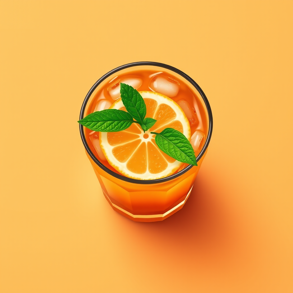 Create a high-resolution vector illustration of a refreshing drink with a slice of lemon, ice cubes, and a mint leaf on a soft gradient orange background, captured with a 50mm lens at f/2.8, ISO 100, shot from a top-down view using a DSLR camera for crisp details and vibrant colors.
