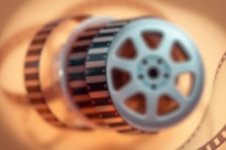 Create an abstract image of swirling film reels with a smooth, soft-focus background, shot with a DSLR camera at f/2.8, 1/125s, ISO 100, using a macro lens to emphasize details in the film stripes and a shallow depth of field for a bokeh effect.