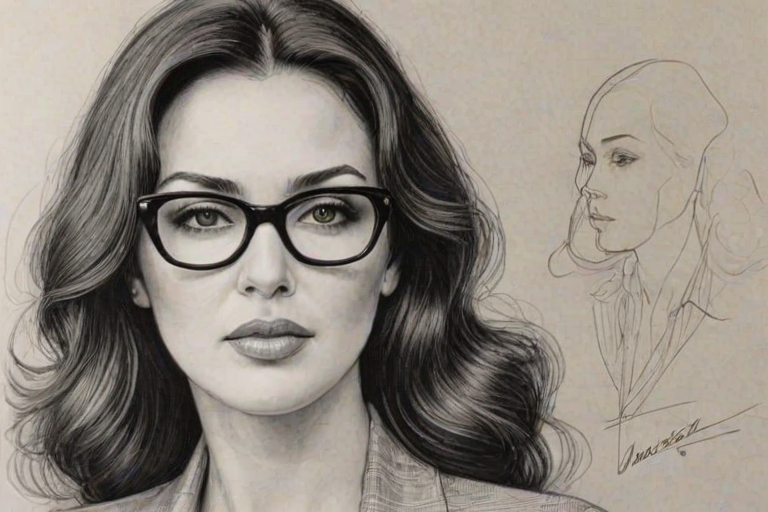 Gorgeous Monica Bellucci, pencil sketch, portrait of Elegant woman 1937s in glasses, hair style beatnik, outline, clear lines, fine lines, 8k