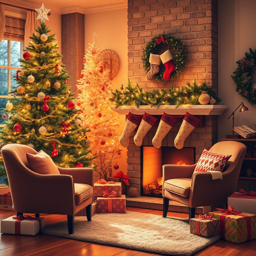 Create a warm and inviting holiday scene featuring a beautifully decorated Christmas tree with twinkling lights, stockings hung above a cozy fireplace, and festive decorations around the room. Include a comfortable armchair and a soft rug on the floor, with gift boxes wrapped in colorful paper nearby. The overall atmosphere should be cheerful and magical, evoking the spirit of the holiday season.
