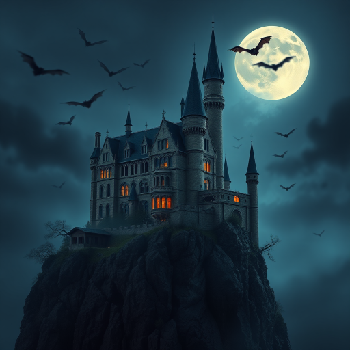Create a high-resolution digital artwork of a gothic castle on a cliff, illuminated by a full moon, surrounded by bats, captured with a DSLR camera using a 50mm lens, f/1.8 aperture, ISO 100, and a shallow depth of field for a dramatic effect.