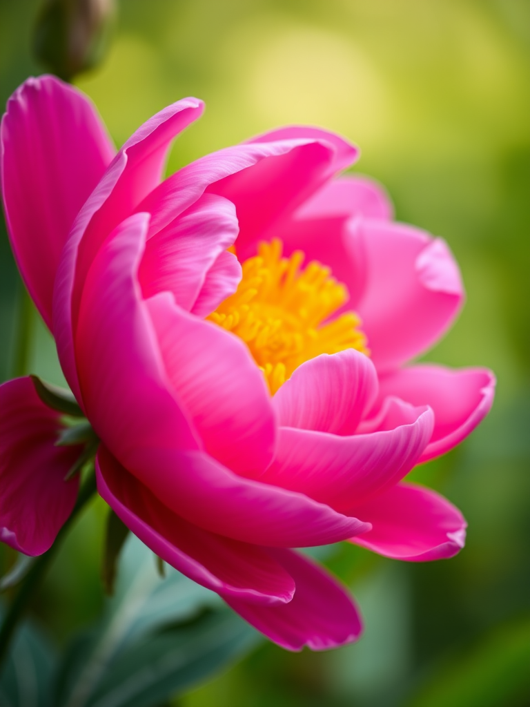 Close-up of a vibrant pink peony flower with bright yellow center, soft-focus green background, Canon EOS R5, 50mm f/1.2 lens, aperture f/2.8, shutter speed 1/250s, ISO 100, natural light, macro photography style.