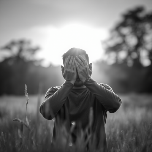 regenerate the image of a person covering their face with hands in a grassy field at sunset, use a Canon EOS R5 with a 50mm lens, aperture f/1.8, shutter speed 1/200 sec, ISO 100, in monochrome, with a shallow depth of field to enhance the background blur
