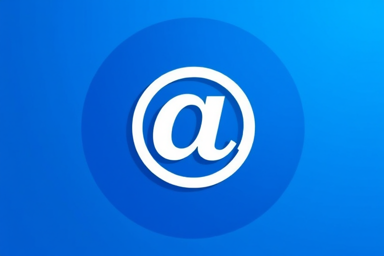 Create a vibrant blue circular logo featuring a white at symbol with a subtle shadow, captured with a DSLR camera at f/2.8, 50mm lens, ISO 100, top-down view, soft lighting, high-resolution digital format.