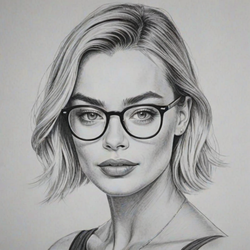 Sublime Margot Robbie, pencil sketch, portrait of Dazzling woman 1927s in glasses, hair style beatnik, outline, clear lines, fine lines, 8k
