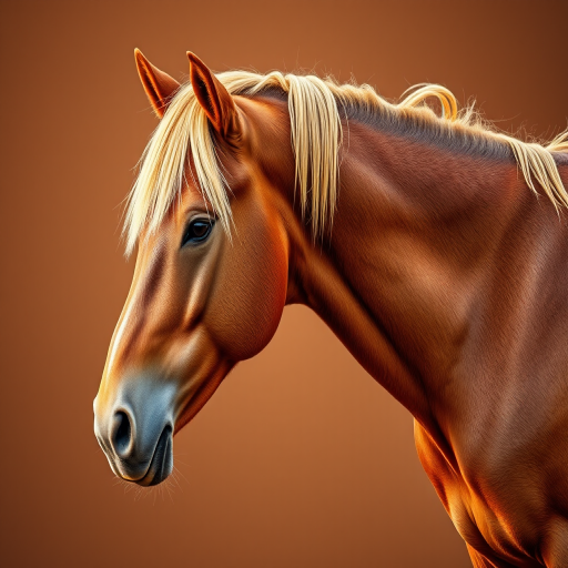 Create a realistic image of a brown horse with a blonde mane standing on a brown background, captured with a Canon EOS R5, 50mm lens, f/1.8 aperture, ISO 100, in a soft focus style with natural lighting.
