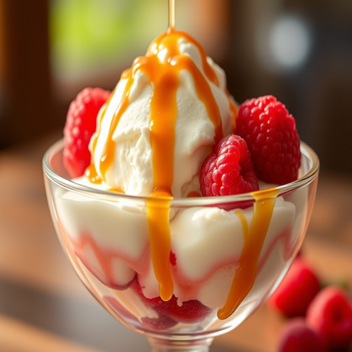 Ice cream sundae in a glass bowl with raspberries and caramel drizzle, shot with a Canon EOS R5 at f/2.8, ISO 100, 50mm lens, soft natural lighting, shallow depth of field.