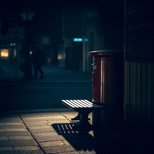photograph a dimly lit urban scene featuring a bench and a red mailbox with dramatic shadows, use a Canon EOS R5 camera with a 50mm f/1.2 lens, aperture set to f/2.8, ISO 100, shutter speed 1/60s, in shallow depth of field to create a striking contrast and enhance image quality.