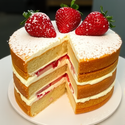 A delicious layered cake with creamy filling and fresh strawberries on top, dusted with powdered sugar, served on a white plate, showcasing a slice revealing the strawberry layers inside.