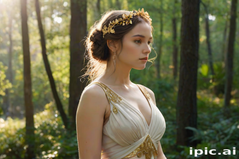 Create a portrait of a goddess-like female figure in a tranquil, forested environment. She has an elegant appearance with long, wavy hair styled in an updo and adorned with a delicate, floral headband. She wears a flowing, ancient Greek-inspired gown in a soft, pale color, featuring a one-shoulder design and draped fabric that accentuates her graceful form. The outfit includes a decorative belt with ornate gold detailing, and she holds a bow in her hand, with a quiver of arrows slung over her shoulder. The background depicts lush greenery, with sunlight filtering through the trees, casting a gentle, ethereal light on the scene. Her expression is calm and contemplative, embodying a sense of wisdom and serenity.