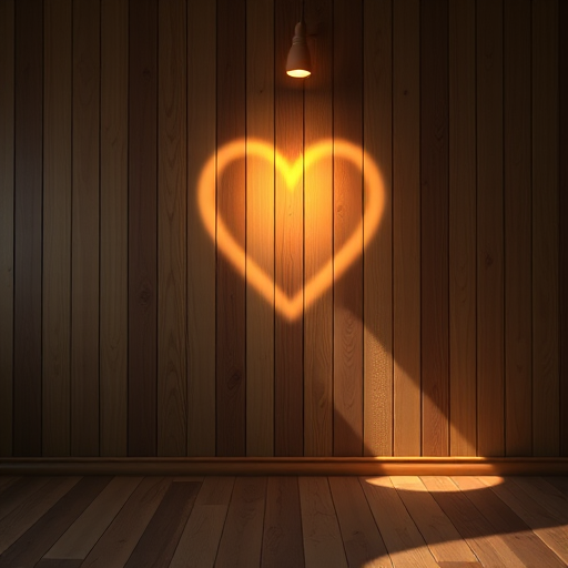 photograph a wooden interior with a heart-shaped spotlight effect on the wall, 50mm lens, f/1.8 aperture, ISO 100, 1/60 shutter speed, taken from a low angle, soft focus background, using a DSLR camera