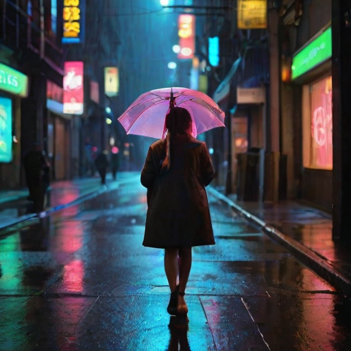 Bustling city street at night, neon lights reflecting off the wet pavement, a woman stands under an umbrella, her face illuminated by the glow of the street signs as she waits to cross.