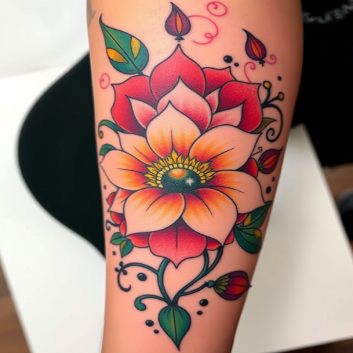 Neo-traditional tattoo titled "Enchanted Bloom" showcasing a stylized floral arrangement with bold outlines, vivid color gradients, and whimsical decorative elements inspired by Art Nouveau designs