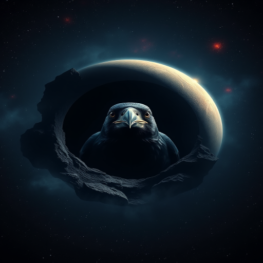 create an image of a dark, cosmic background with a large planet featuring a raven's head emerging from a hole, use a Canon EOS R5 camera, 24mm lens, f/2.8 aperture, ISO 100, 1/100 sec shutter speed, focus on vivid colors and sharp details in a HDR style
