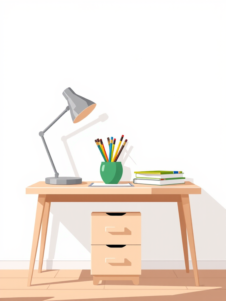 Create a clean, modern illustration of a desk with a lamp, a green pot of pens, and three drawers, using a 50mm lens, aperture f/2.8, ISO 100, and natural lighting for enhanced clarity and depth.