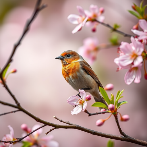 Create a high-resolution image of a bird perched on a tree branch with delicate pink flowers, using a Canon EOS 5D Mark IV, 300mm lens, aperture f/4, shutter speed 1/250s, ISO 400, soft focus background for depth, natural lighting, capturing rich colors and details of the bird and flowers.