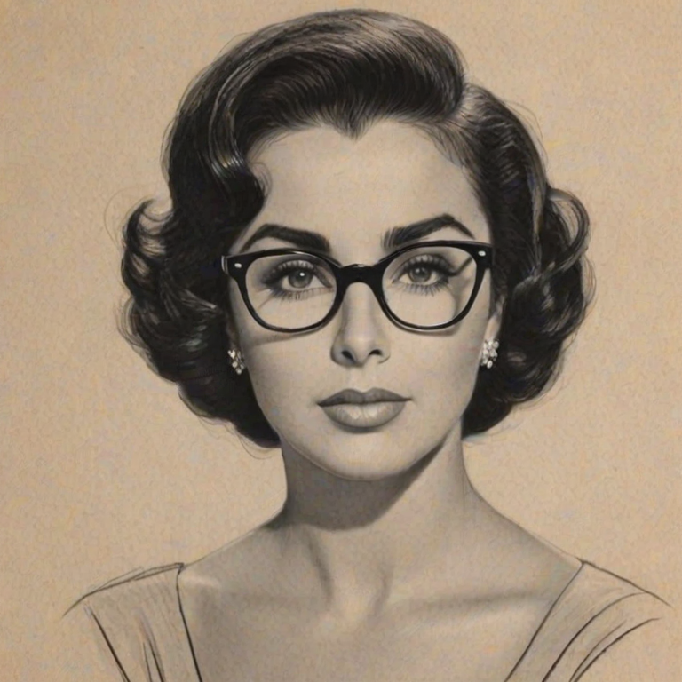Comely Elizabeth Taylor, pencil sketch, portrait of Charming woman 1947s in glasses, hair style beatnik, outline, clear lines, fine lines, 8k
