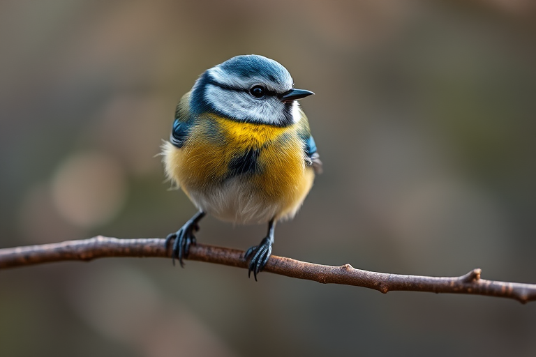 blue tit perched on a branch in a natural setting, close-up view, natural lighting, shallow depth of field, 50mm lens, f/2.8 aperture, ISO 100, 1/200 sec shutter speed, DSLR camera