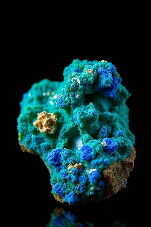 A high-resolution close-up photograph of a vibrant blue and green mineral specimen set against a dark background, captured with a Canon EOS R5, 50mm lens, f/8 aperture, ISO 100, 1/125s shutter speed, soft natural lighting to enhance texture and detail.