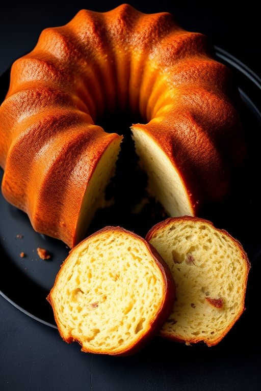 A beautifully baked bundt cake on a black plate with two slices cut out showcasing its moist texture and golden crust, set against a dark background.
