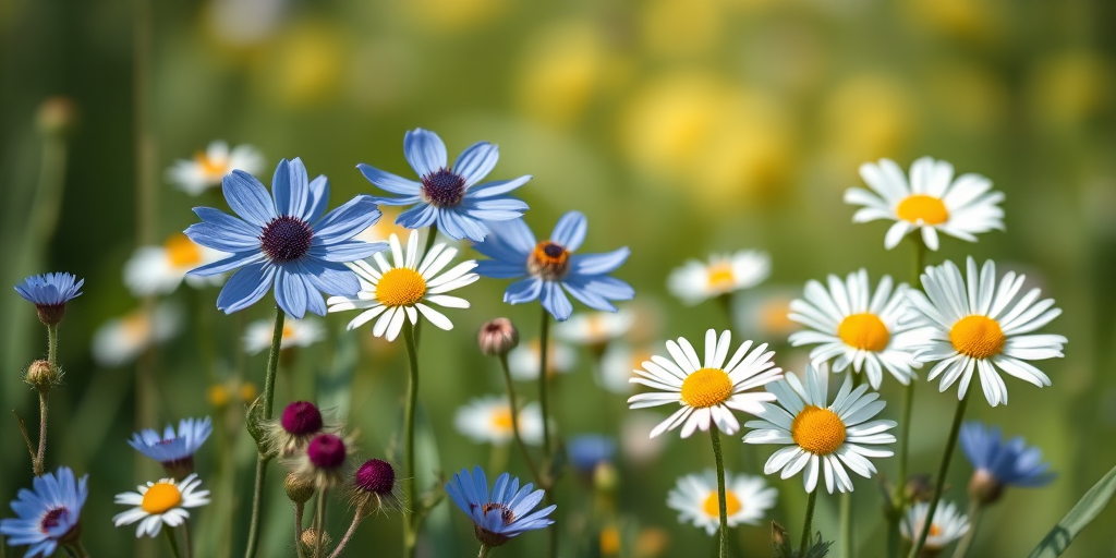Create an illustration of an array of wildflowers, including blue cornflowers and white daisies, with a soft focus background, using a DSLR camera with a 50mm lens, aperture f/2.8, ISO 100, and bright natural lighting.