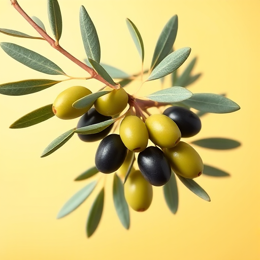 Create a digital illustration of olive branches with both green and black olives, set against a soft pastel yellow background, using a Canon EOS R5 with a 50mm f/1.2 lens, in soft focus style to enhance details and colors.