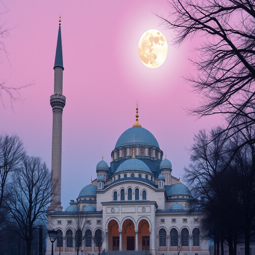 Create a serene digital illustration of a mosque with a prominent dome and minaret under a full moon, using a wide-angle lens at f/8, ISO 100, and a soft focus to enhance details and create a tranquil atmosphere, with a pastel color palette.
