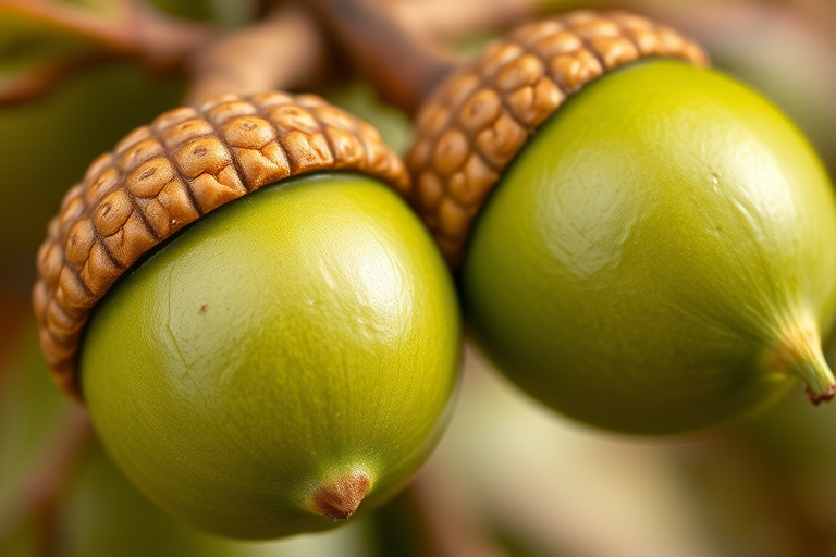 Generate a high-resolution image of two green acorns with detailed textures, close-up view, natural lighting effects, macro lens settings at f/2.8 for shallow depth of field, ISO 100, and capturing in RAW format for enhanced image quality.