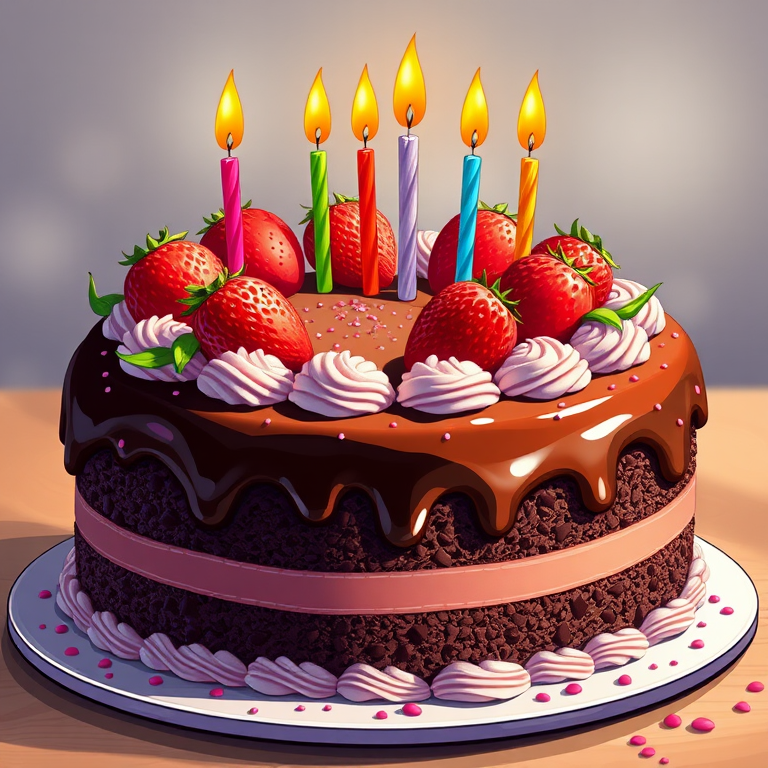 Create a high-resolution illustration of a chocolate cake decorated with strawberries and colorful candles, using a 50mm lens, f/1.8 aperture, ISO 100, with a soft-focus background in a bright and colorful style.