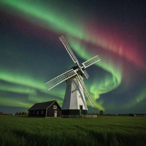 An ultra-realistic and highly detailed 4d, uhd photograph capturing a white windmill with wooden blades located in a green field. The night sky in the background is illuminated by an aurora borealis, which displays vibrant colors of green and red, blending together in a magical way and spreading across the firmament dotted with stars. The aurora borealis creates an impressive and dazzling visual effect, standing out against the dark sky. In the bottom right-hand corner of the image is a logo with the letters 'JB' and the word 'Photography'. The composition of the image combines the traditional element of the windmill with the extraordinary natural phenomenon of the Northern Lights, creating a unique and breathtaking scene.