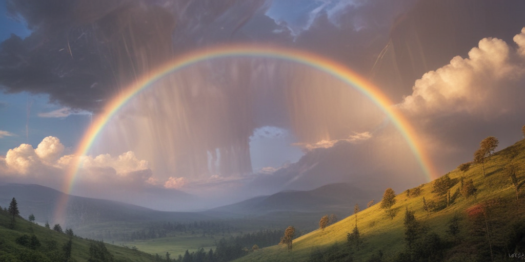 Stunning Landscape Featuring a Vibrant Rainbow Arching Over Rolling ...