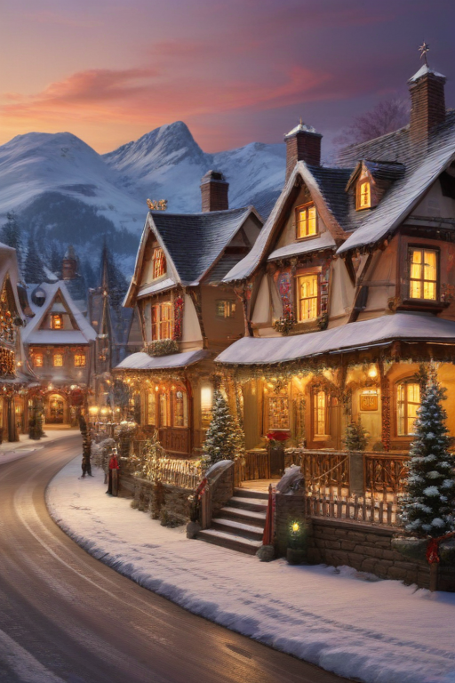Charming Snowy Village at Dusk with Festive Holiday Lights and Decorations