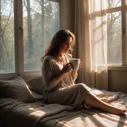 Softly lit, warm morning image of a woman sipping coffee by a window, sunlight streaming through sheer curtains, a book resting on the table beside her, shadows of tree branches dancing on the floor, soft smile on her face as she watches the world wake up outside.