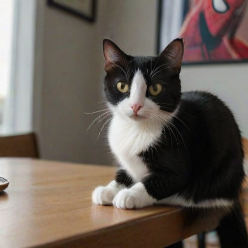 A close-up photograph of a white and black cat sitting on a table, with realistic Spider-Man standing beside it. The cat's tail is curled beside it, and its predominantly white face shows a distinctive expression, resembling a domestic shorthair, with slightly squinted eyes that convey frustration. The cat sits grumpily, seemingly unimpressed by the presence of Spider-Man.