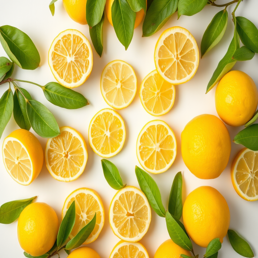 Create a vibrant circular arrangement of whole and sliced lemons with bright green leaves on a white background, with a focus on clarity and detail, using a DSLR camera at f/2.8, ISO 100, 50mm lens, macro view for enhanced image quality.