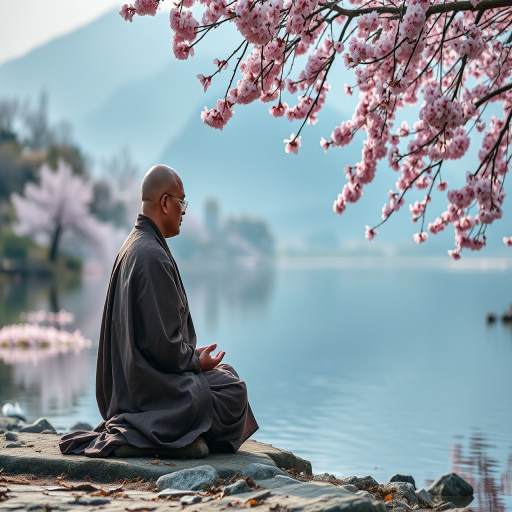 a serene monk meditating by a tranquil river surrounded by cherry blossoms, soft pink hues reflecting on the water, misty mountains in the background, Canon EOS R5, f/1.8, 50mm lens, 1/200s, ISO 100, shallow depth of field, soft focus, natural lighting