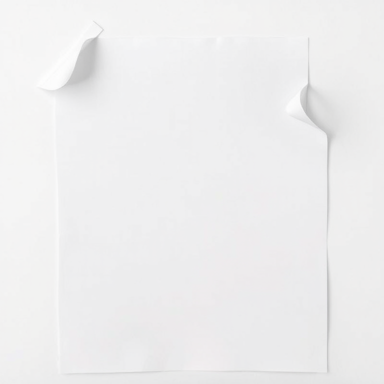 Create a high-resolution image of a blank sheet of paper with a slight curl at the top corner, using a 50mm lens, f/1.8 aperture, ISO 100, and soft lighting, with a top-down view and a digital camera style.