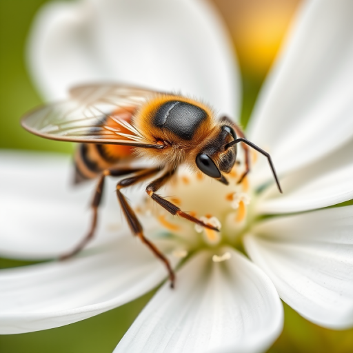 Capture a close-up macro image of a bee being preyed upon by a crab spider on a white flower, using a Canon EOS 90D with a 100mm macro lens, f/2.8 aperture, ISO 200, shutter speed of 1/200s, and natural lighting to enhance detail and clarity.