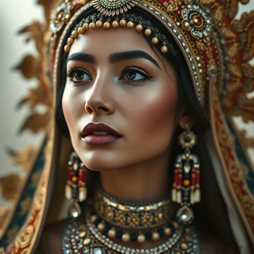 a highly detailed portrait of a woman adorned with intricate jewelry and an elaborate headdress, soft diffused lighting, shallow depth of field, DSLR camera, 50mm lens, ISO 100, f/1.8, high resolution, vibrant colors, hyper-realistic style