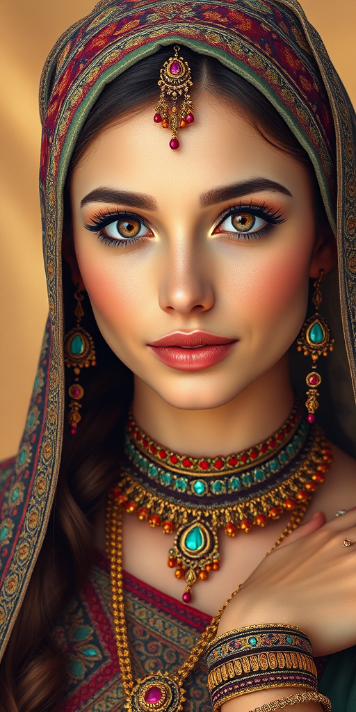Create a portrait of a beautiful woman with striking hazel eyes and a gentle expression. She is adorned in traditional attire with intricate patterns, including a richly embroidered headscarf and matching garments. Her jewelry includes a delicate headpiece, dangling earrings, and ornate bracelets, all featuring vibrant gemstones and detailed metalwork. The background is soft and warm, enhancing the rich colors of her outfit and jewelry.