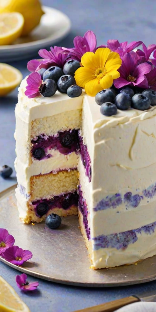 Generate an image of a slice of layered cake with blueberry filling, topped with whipped cream, fresh blueberries, a slice of lemon, and edible flowers. The cake should have a light and fluffy texture, with visible layers of yellow sponge and purple filling. The background should be soft and inviting, enhancing the cake's colorful appearance.