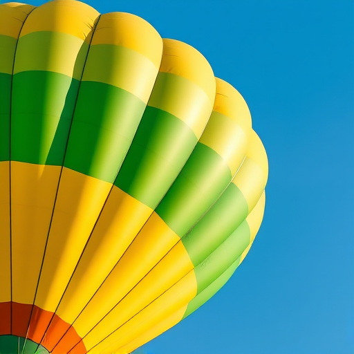 Create a vibrant hot air balloon with yellow and green stripes, high-resolution, shot with a DSLR camera at 50mm, f/2.8 aperture, ISO 100, in natural sunlight, focusing on a clear blue sky.