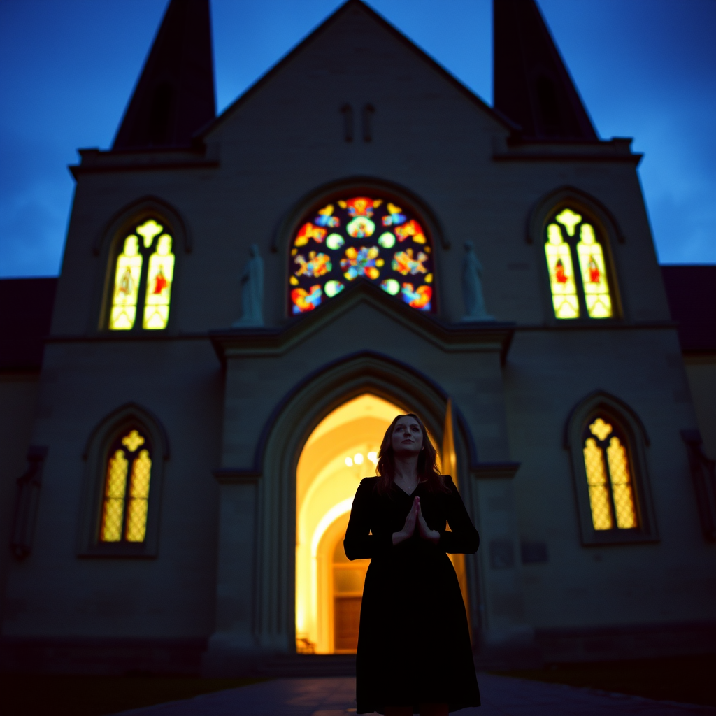 Old European church at twilight, stained glass windows glowing softly, a woman stands in the doorway, her hands clasped in quiet reverence as she takes in the sacred atmosphere.